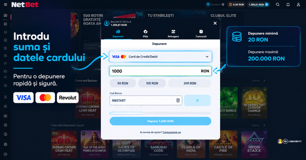 Cum introduci suma pentru depunerea cu cardul la NetBet Introducerea sumei pentru o depunere cu cardul la NetBet