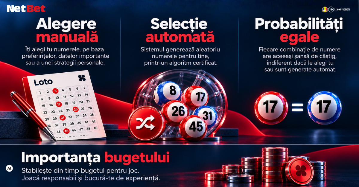 Infografic despre strategii Loto online, probabilitatea egală a combinațiilor valide și stabilirea unui buget de joc.